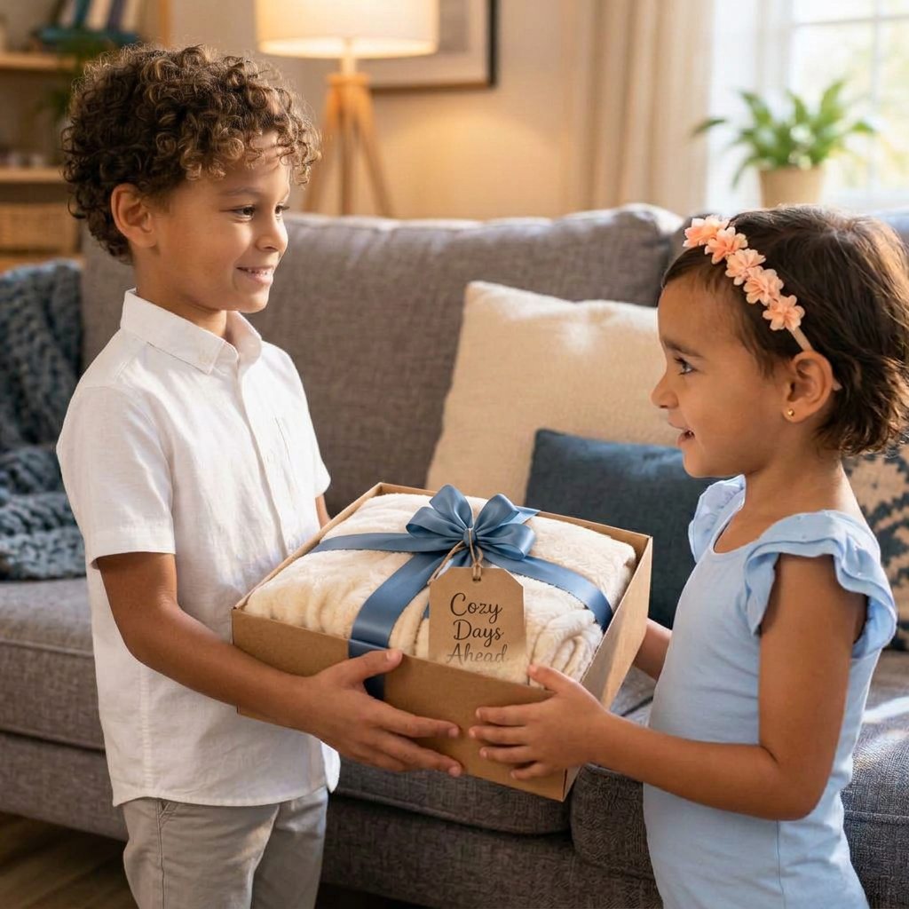 A boy in a white shirt handing a gift-boxed cream blanket with a blue ribbon to a smiling little girl
