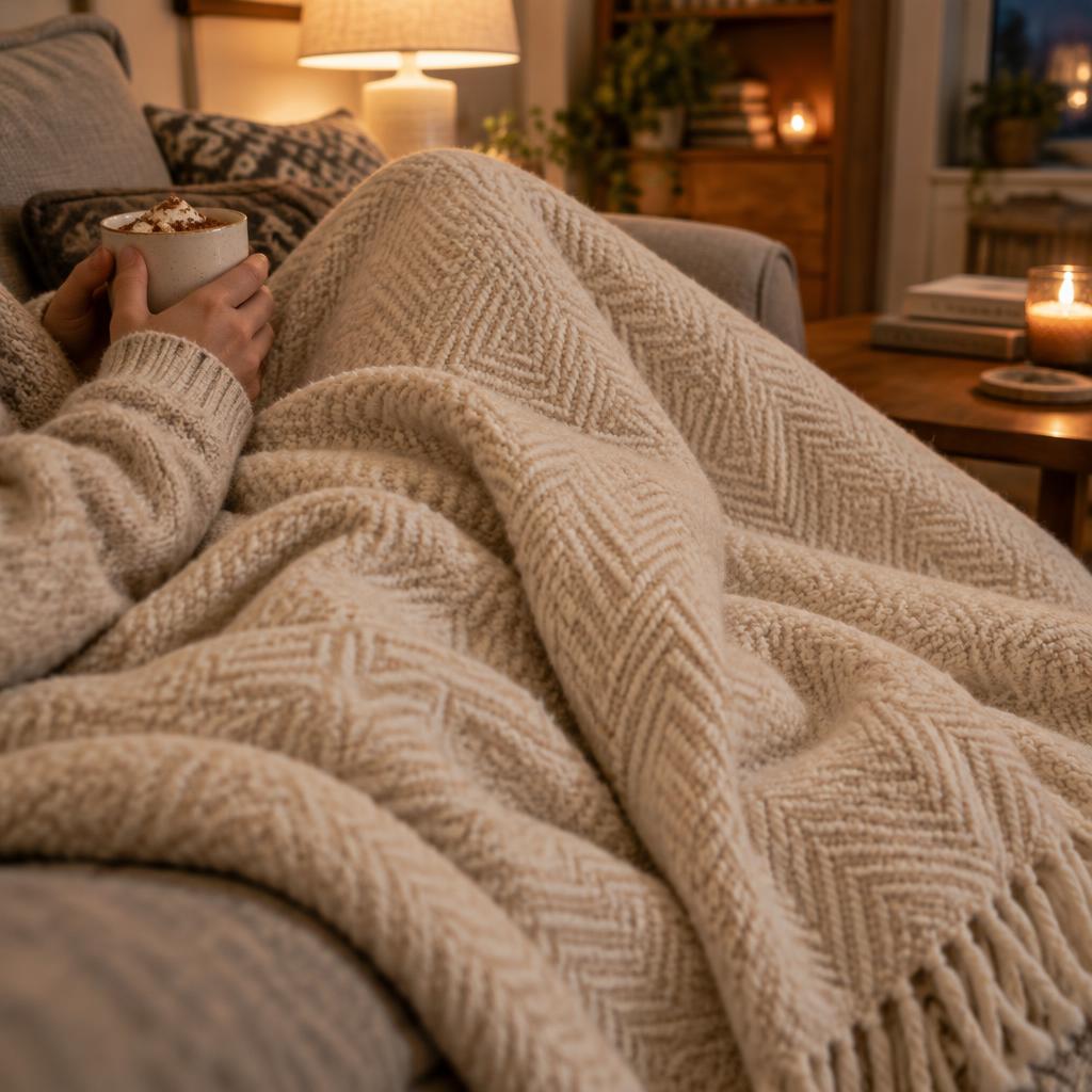 A creamy chevron blanket with a hand resting on it at home