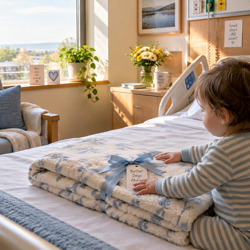 A child seen from behind, reaching for a gift-wrapped blanket on a sunny hospital bed