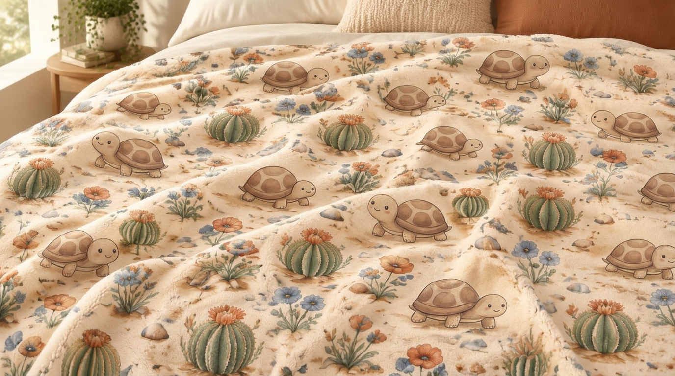 A cozy blanket printed with cute little tortoises, cacti and desert flowers